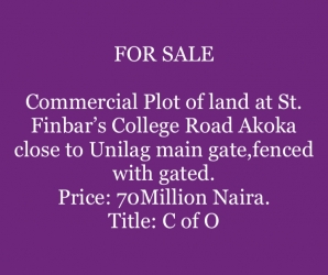 For Sale::: Commercial Plot Of Land At St. Finbar’s College Road Akoka Close To Unilag Main Gate,fenced With Gated. Price: 70million Naira. Title: C Of O Land for Sale Yaba Lagos Vetra  Property
