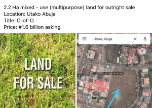 2.2 Hectares Mixed - Use (multipurpose) Land For Outright...  2 Hectare of Land for Sale Utako Abuja Vetra  Property