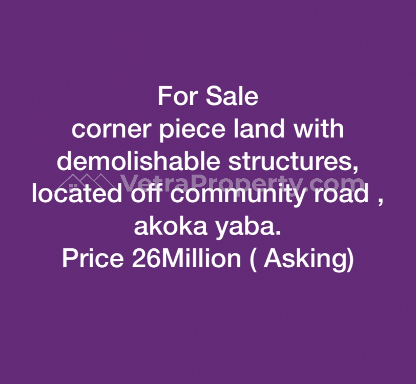  For Sale Corner Piece Land With Demolishable Structures, ,  Land for Sale Yaba Lagos Vetra  Property