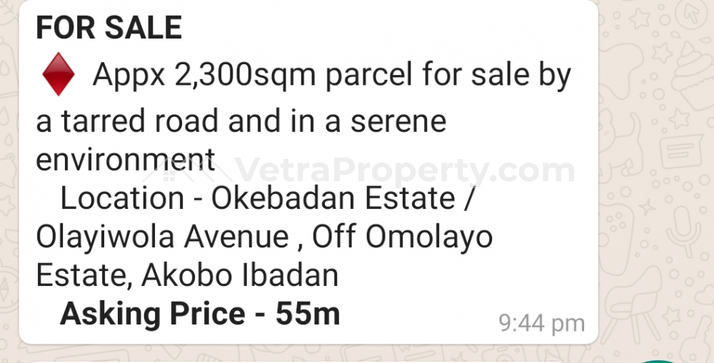  *for Sale* ?? Appx 2,300sqm Parcel For Sale By A Tarred Road And In A Serene Environment Location - Okebadan Estate / Olayiwola Avenue , Off Omolayo Estate, Akobo Ibadan *asking Price - 55m*  2,300 Meter Square of Land for Sale Ibadan Oyo Vetra  Property