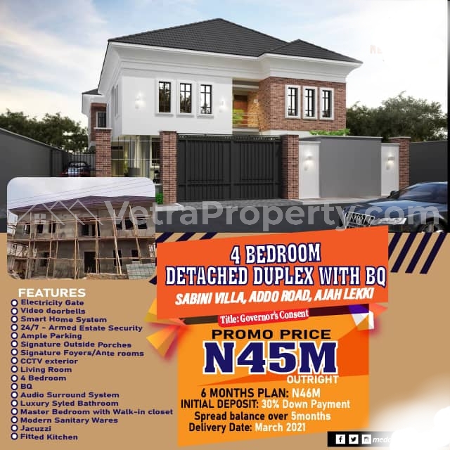  4bedrooms Fully Detached Duplex House With Bq  4 bedroom Detached Duplex for Sale Ajah Lagos Vetra  Property