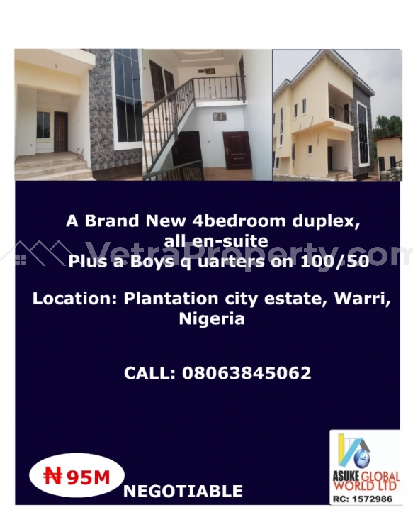  A Brand New Four Bedroom Duplex All Ensuit,plus A Boys Quarter On 100/50  House for Sale Warri Delta Vetra  Property