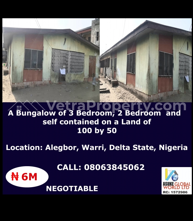  A Bungalow Of 3 Bedroom, 2 Bedroom And A Self Contain  6 bedroom Detached Bungalow for Sale Warri Delta Vetra  Property