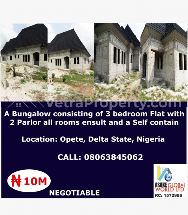  A Bungalow Consisting Of 3 Bedroom Flat With 2 Parlours,all Room Ensuite And A Self Contain  3 bedroom Detached Bungalow for Sale Warri Delta Vetra  Property