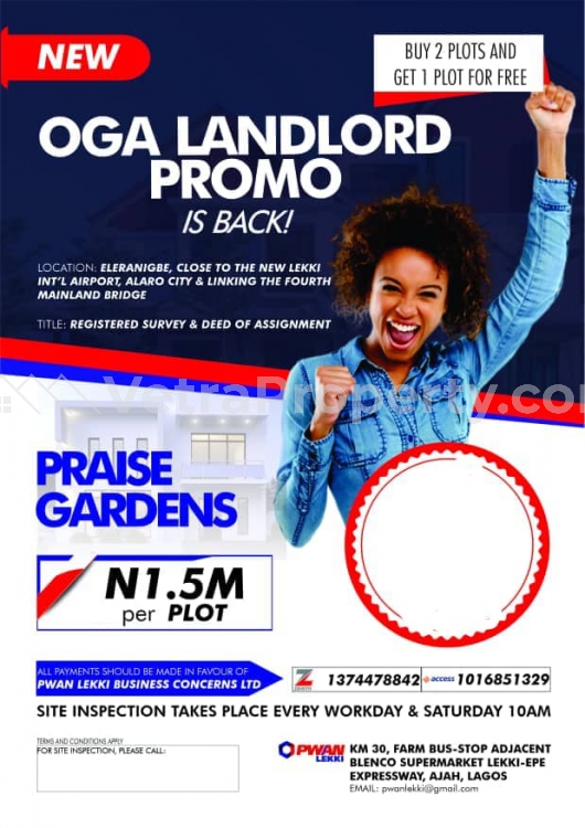  INVEST IN PRAISE GARDENS ELERANIGBE BUY 2PLOT GET1 FREE  Land for Sale Ibeju Lekki Lagos Vetra  Property