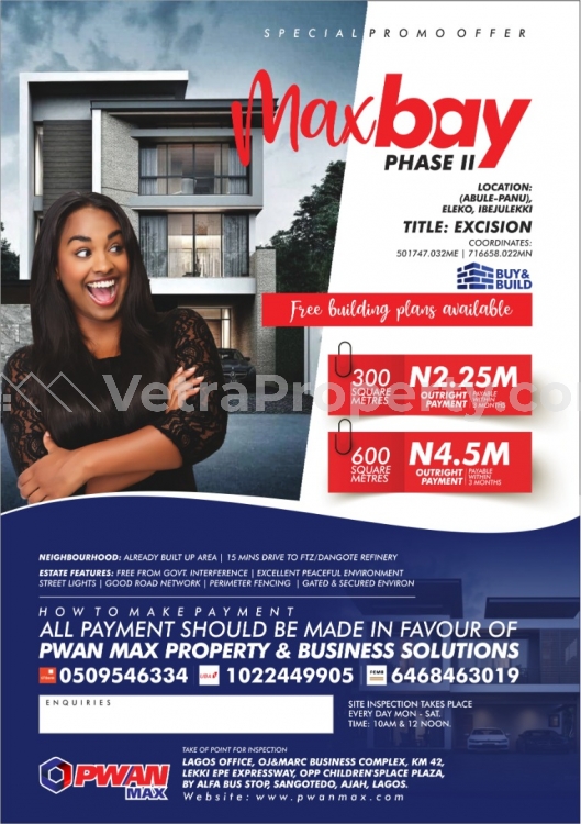  Land in Ibeju Lekki,MAX BAY ESTATE,BUY AND BUILD (BUY 5PLOTS GET 1FREE)  Land for Sale Ibeju Lekki Lagos Vetra  Property