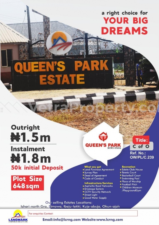  300SQM, & 600SQM Plot of Land in Mowe,Queens Park Estate  Land for Sale Kosofe Ikosi Lagos Vetra  Property