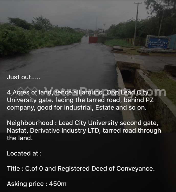  4 acres of land for sale opposite Lead City University 2nd gate, Ibadan  Land for Sale Ibadan Oyo Vetra  Property