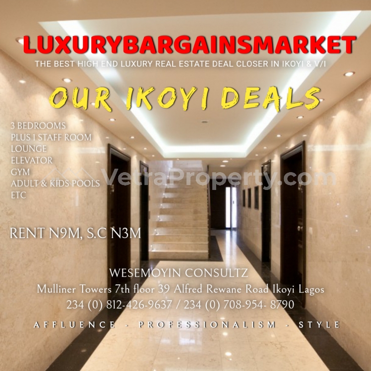  FRESH DEAL! LUXURY 3 ALL ENSUITE BEDROOMS PLUS STAFF ROOM ELEVATOR SWIMMING POOL GYM TENNIS COURT ETC IN IKOYI @N8M!!  3 bedroom Flat for Rent Ikoyi Lagos Vetra  Property