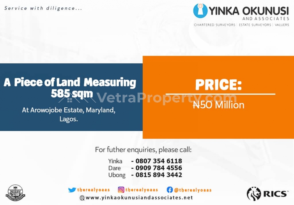  A Land Measuring 585sqm at Arowojobe Estate, Maryland.  Land for Sale Maryland Lagos Vetra  Property